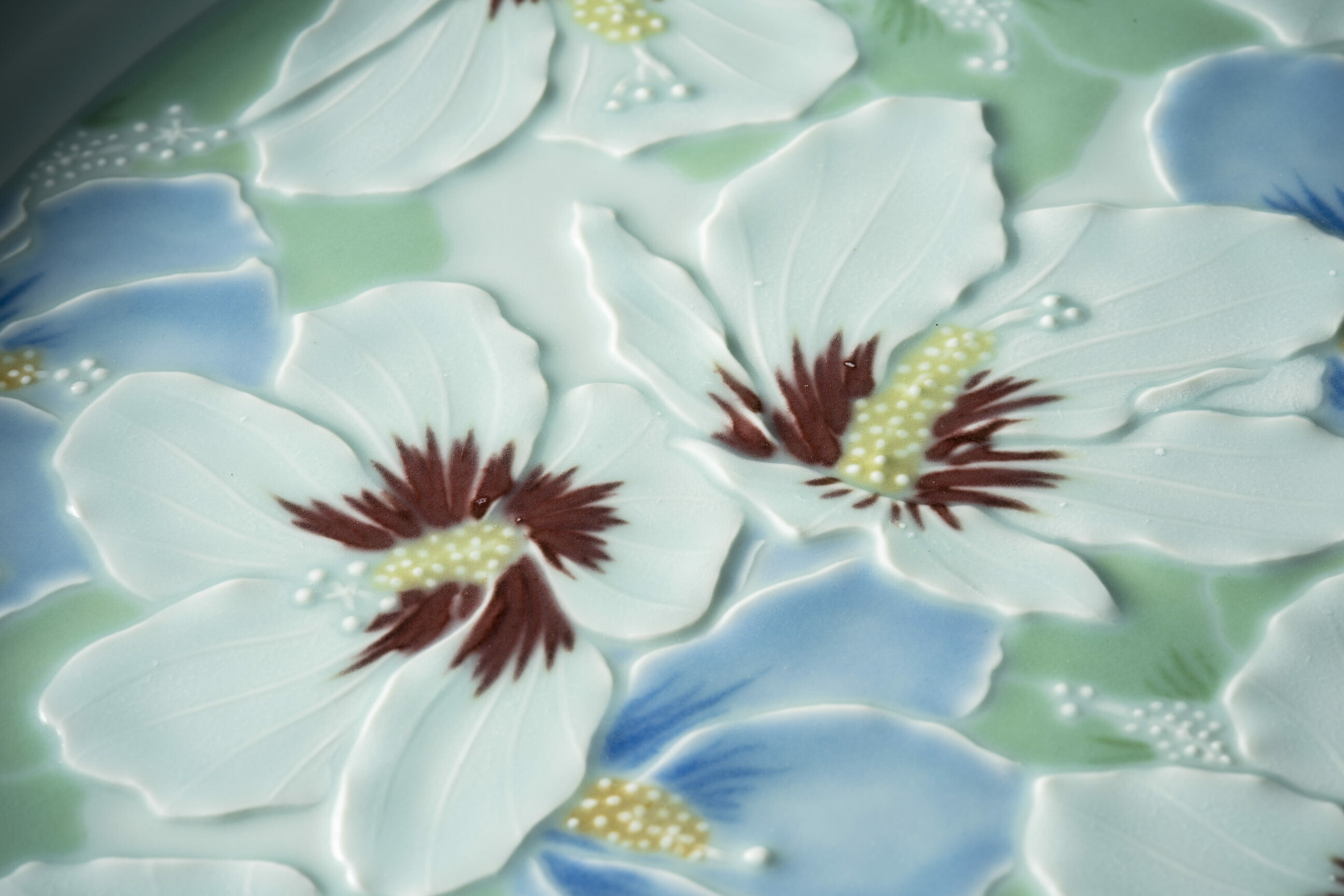 堆磁釉彩木槿文皿