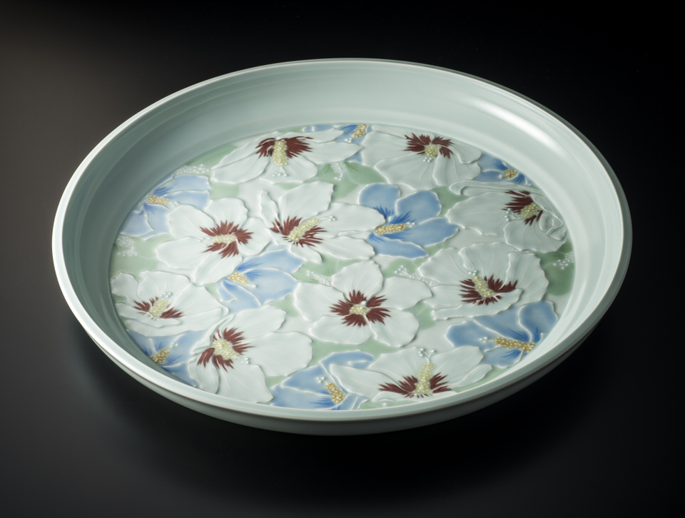 堆磁釉彩木槿文皿